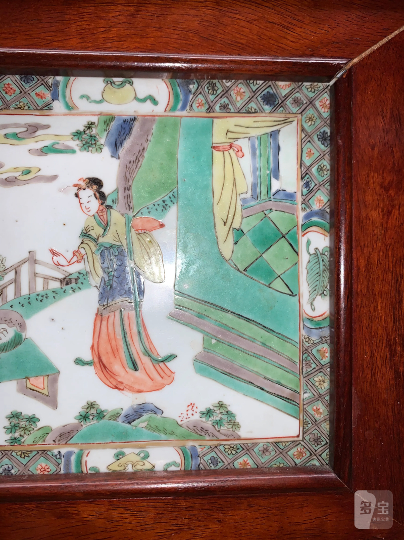 清康熙 五彩仕女庭院图瓷板 - 图5